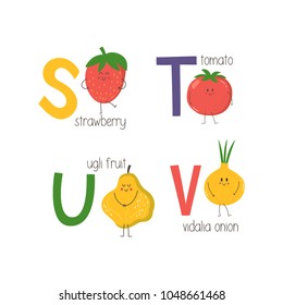 Letters S, T, U, V with cute cartoon strawberry, tomato, ugli fruit and vidalia onion. Vector alphabet.