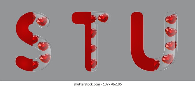 Letters S, T, U for Valentines and other events. Vector illustration. Glass letter on half, red glass 3D heart of red color. Isolated on a gray background. Perfect for greeting cards, posters