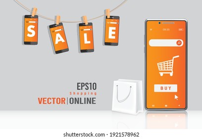 The letters SALE on the smartphone were clamped to a string and hung down. And the front has a shopping bag placed alongside a smartphone with a shopping cart icon on the screen for online shopping