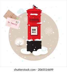 Letters to Santa Claus, traditional british red mail box with cute little robin bird at snowy landscape. Santa mail concept in round frame. Christmas holiday, envelopes, snowing. Vector illustration