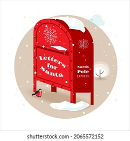 Letters to Santa Claus, traditional US red mail box with cute little robin bird at snowy landscape. Santa mail concept in round frame. Christmas holiday, envelopes, snowing. Vector illustration