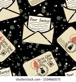 Letters for Santa Claus vector seamless pattern. Letter to Santa Claus repeat print. Merry Christmas Happy New Year design. Santa Claus mail with stamps and postage marks. Open and sealed letters