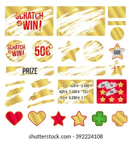 Letters Scratch To Win. With Effect From Scratch Marks. Suitable For Scratch Card Game And Win. Gold Effect. Vector
