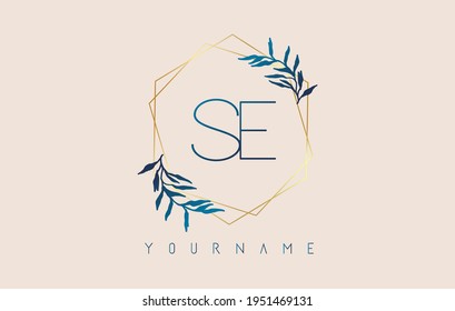 Letters SE s e Logo with golden polygon frames and gradient blue leaves design. Luxury vector illustration with letters S and E and blue gradient leaf.