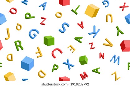 Letters. Seamless pattern. Abstract colorful background letters and cubes.  Symbols with volume effect. Cover design template, background, t-shirt, wrapping paper. Isolated. Vector illustration