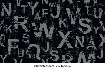 Letters seamless pattern. Dark grunge background with inscriptions. Scattered letters of the English alphabet. 