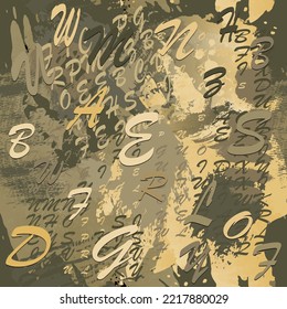 Letters seamless pattern. English abc on dirty background. Repeat colorful rough backdrop. Latin letters ornaments. Lettering textured grunge background. Doodle lines, brush strokes. Trendy design.