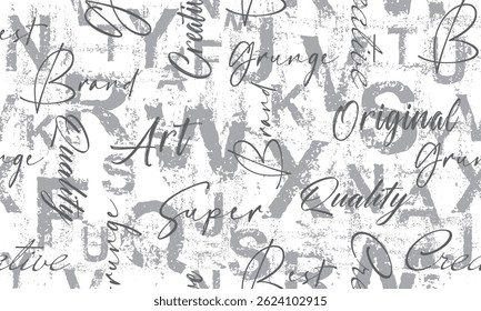 Letters seamless pattern. Grunge bold font on white background. Scattered letters of the English alphabet.