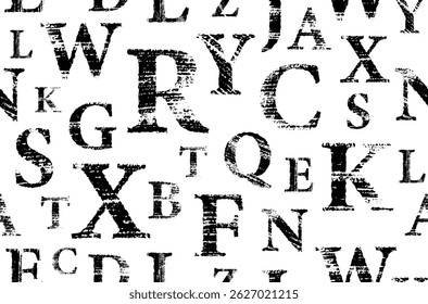 Letters seamless pattern. Grunge bold font on white background. Scattered letters of the English alphabet.