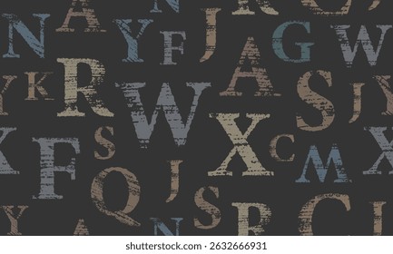 Letters seamless pattern. Grunge bold font on white background. Scattered letters of the English alphabet.
