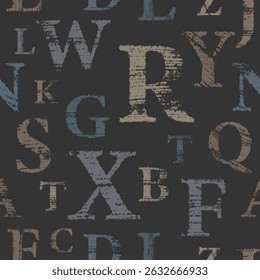 Letters seamless pattern. Grunge bold font on white background. Scattered letters of the English alphabet.