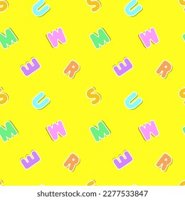 Letters seamless pattern. Letters making the word summer. Bright yellow background. Vector design.