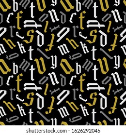 Letters seamless pattern on a black background. Vector seamless pattern with abstract tags, letters without meaning. Fashion hand drawing texture, retro style, old school design for t-shirt, textile.