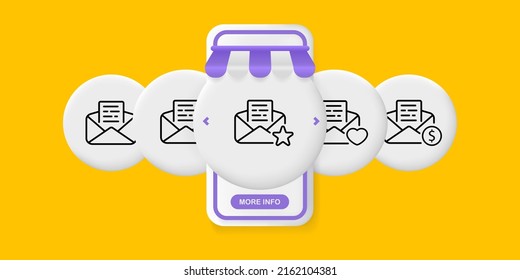 Letters set icon. Envelope, messages, favorites, dollar, money, communication, contact us. Business concept. UI phone app screen. Vector line icon for Business and Advertising.