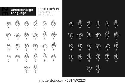 Buchstaben Zeichen in ASL Pixel perfekte lineare Symbole gesetzt für dunklen, hellen Modus. Dünne Liniensymbole für Nacht, Tagesthema. Einzige Illustrationen. Bearbeitbarer Strich. Montserrat fett, verwendete leichte Schriftarten