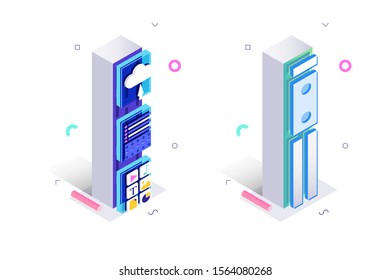 Letters I with social networks elements vector illustration. Creative 3d isometric design of alphabet sign with personal data, graph, chart symbols. Internet technology concept