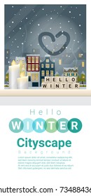 Letters spelling hello winter on wooden table top with winter cityscape background , vector , illustration