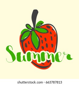 letters with Strawberry on cream background, summer vector illustration
