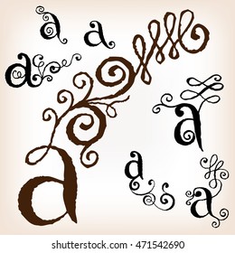 Letters  A with Swirl, Curl and Grunge Effect. Hand Drawn Vector Set. 