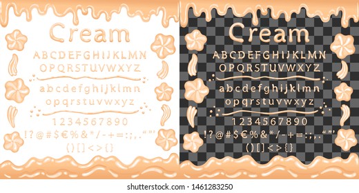 Letters, symbols, numbers from caramel. Decorations at the edges with whipped cream. Flowing cream. Print for desserts. Gradient used. White background transparent in EPS. Vector illustration.