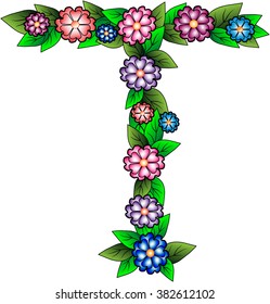 Letters T made of leaves and flowers