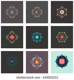 The letters T, R, S, M, V, N, E, L made in modern line style vector. Luxury elegant frame ornament and ethnic tribal elements. Editable Stroke. 