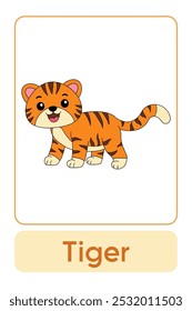 Letras T é para Tigre. Animal Flashcard printable aprender letras Alfabeto abc Inglês para crianças educação e atividade de jogo. Planilhas de jardim de infância e pré-escola imprimíveis para crianças.