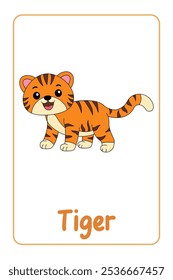 Letras T é para Tigre. Animal Flashcard printable aprender letras Alfabeto abc Inglês para crianças educação e atividade de jogo. Planilhas de jardim de infância e pré-escola imprimíveis para crianças.