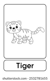 Letras T é para Tigre. Páginas de coloração Tiger. Cartão de animais para impressão Aprenda letras alfabeto inglês para educação infantil e atividade de jogos. Planilhas de jardim de infância e pré-escola imprimíveis para crianças.