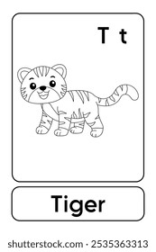 Letters T is for Tiger. Tiger coloring pages. Animal Flashcard printable learn letters Alphabet english for kids education and game activity. Kindergarten and preschool worksheets printable for kids.