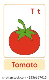 Letters T is for Tomato. Vegetable Flashcard printable learn letters Alphabet english for kids education and game activity. Kindergarten and preschool worksheets printable for kids.