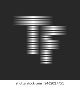 Letters TF or FT monogram initials logo design featuring metallic thin parallel horizontal lines, a linked of two letters T and F striped logotype, linear mark with silver metal gradient.