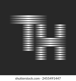 Letters TH or HT initials logo design featuring sil thin parallel horizontal lines, a combination of two letters T and H monogram striped logotype, linear mark with silver metal gradient.