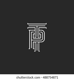 Letters TP logo hipster monogram, weaving thin line emblem PT medieval initials, overlapping two symbols P T template