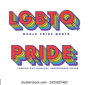 Letters or typeface of Pride month in rainbow spectrum isolated on white background. LGBTQ rights concept art for poster, card or banner. Lesbian, Gay, Bisexual, Transgender & Queer.