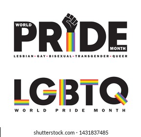 Letters or typeface of Pride month in rainbow spectrum isolated on white background. LGBTQ rights concept art for poster, card or banner. Lesbian, Gay, Bisexual, Transgender & Queer.