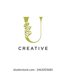letters U with flowers leaves. Vector illustration for wedding, greeting cards, invitations, beauty icon template design