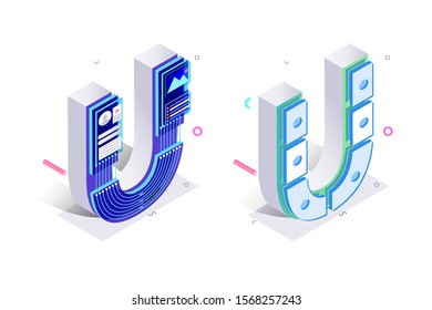 Letters U with social networks elements vector illustration. Creative 3d isometric design of alphabet sign with personal data, graph, chart symbols. Internet technology concept