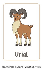 A letra U é para Urial. Animal Flashcard printable aprender letras Alfabeto abc Inglês para crianças educação e atividade de jogo. Planilhas de jardim de infância e pré-escola imprimíveis para crianças.