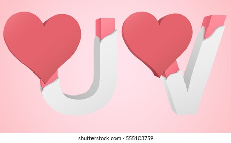 Letters U and V color pink inside the white broken Letters with a big red heart.