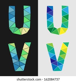 Letters U and V. Colorful geometric font.