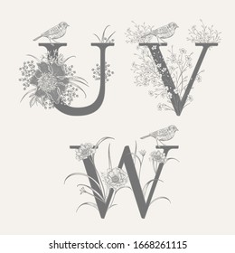 Letters U V W, flowers peonies, decorative herbs and birds isolated set. Vector decoration. Black and white. Vintage illustration. Floral pattern for greetings, wedding invitations, text design.