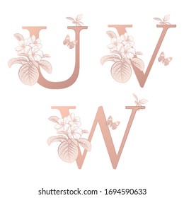 Letters U V W, flowers flowering sakura branches, butterfly isolated. Vector decoration. White, gold foil print. Vintage illustration. Floral pattern for greetings, wedding invitations, text design.