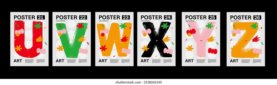 Letters U, V, W, X, Y, Z. Poster layout design. Alphabet. Cute font. Template poster, banner, flyer.