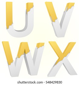 Letters U to X color gold inside the white broken Letters.