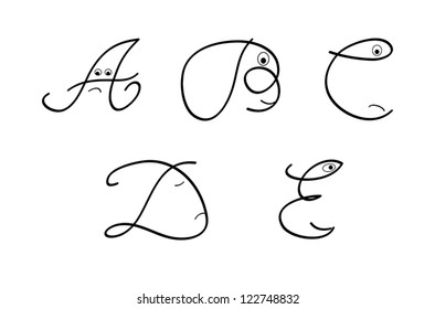 Letters uppercase a, b, c, d and e with expression.