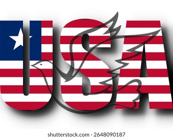  as letras "USA" foram preenchidas com o padrão da bandeira americana. Um contorno sutil de uma pomba com asas espalhadas é sobreposto sobre as letras, lançando uma sombra suave, tudo colocado contra um fundo branco.