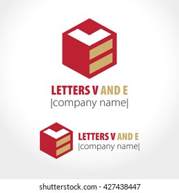 Letters V and E, cube, line. Sign, symbol, logo. Vector illustration.
