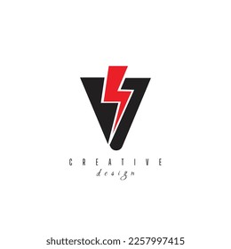 letters V with flash logo, Lightning Thunder Letter Logo Design V, Flash logotype, initial V power logo design symbol vector template