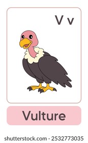 Letters V is for Vulture. Animal Flashcard printable learn letters Alphabet abc english for kids education and game activity. Kindergarten and preschool worksheets printable for kids.